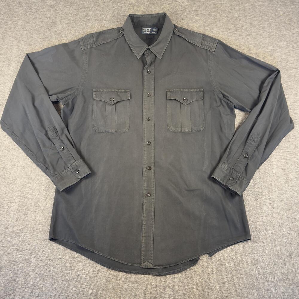 Vintage Polo Ralph Lauren Shirt Mens 2XL Black Long Sleeve Utility Button Up 90s